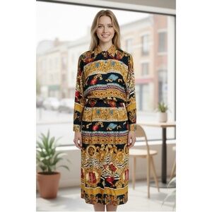 Vintage POSITIVE ATTITUDE Midi Shirt Dress Women M Black Retro Long Sleeve